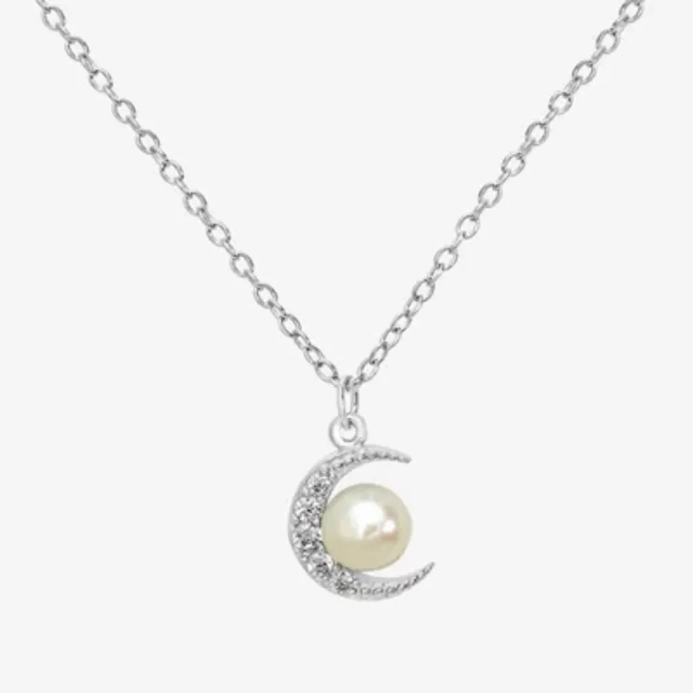 Silver Treasures Simulated Pearl Sterling Silver 18 Inch Cable Moon Pendant Necklace