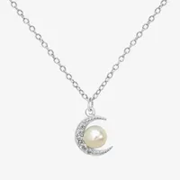 Silver Treasures Simulated Pearl Sterling Silver 18 Inch Cable Moon Pendant Necklace