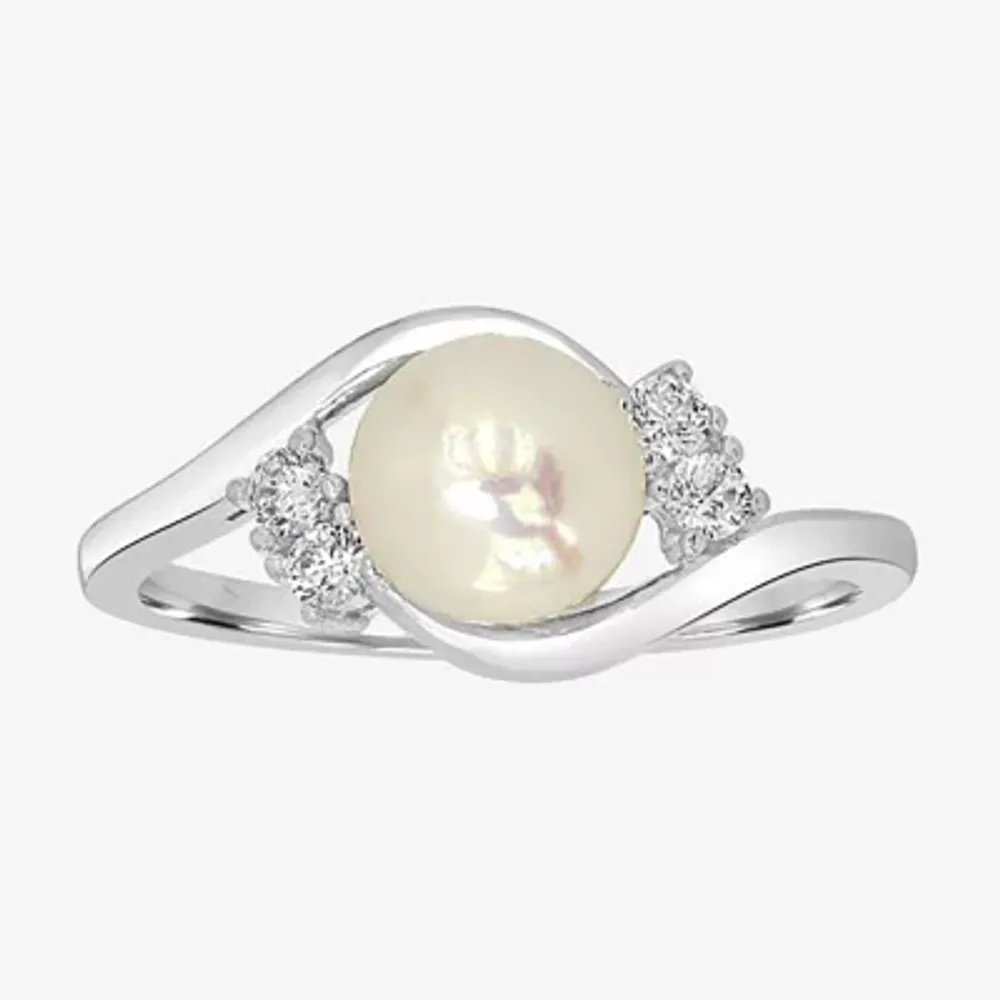 Silver Treasures Simulated Pearl Sterling Round Bypass Delicate Promise Ring