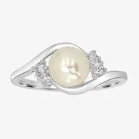 Silver Treasures Simulated Pearl Sterling Round Bypass  Delicate Promise Ring