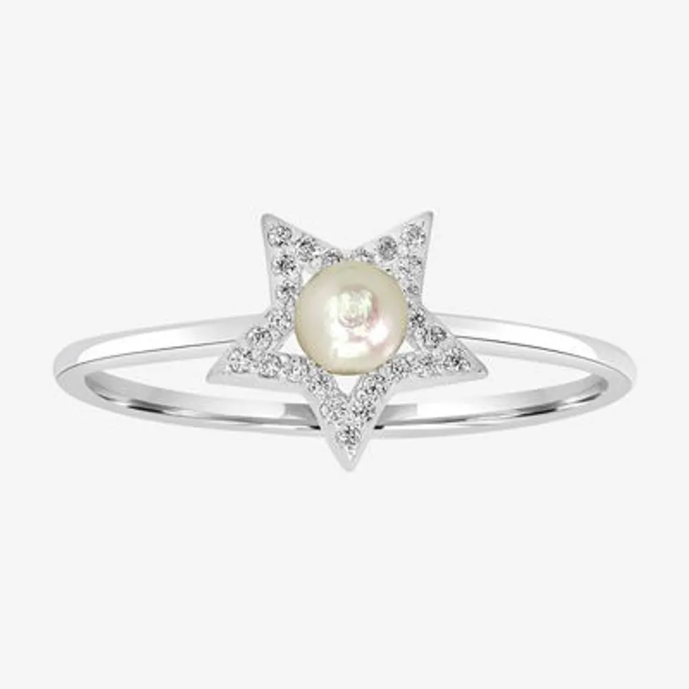Silver Treasures Cubic Zirconia Simulated Pearl Sterling Star Band