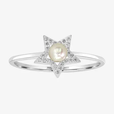 Silver Treasures Cubic Zirconia Simulated Pearl Sterling Star Band