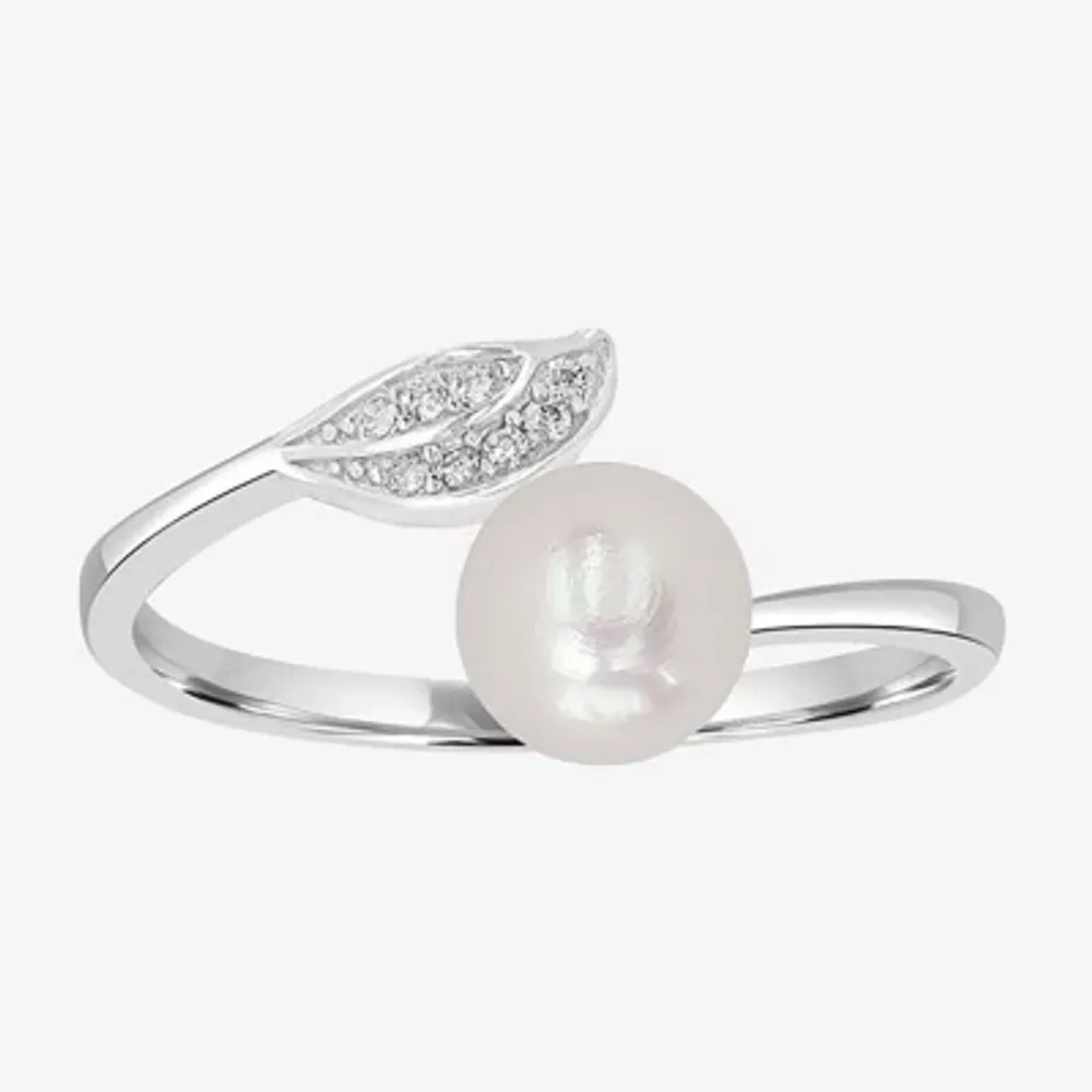 Silver Treasures Simulated Pearl Sterling Round Bypass Band
