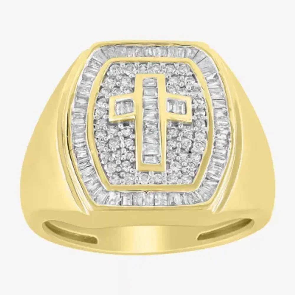 Mens 3/4 CT. T.W. Natural White Diamond 10K Gold Cross Fashion Ring