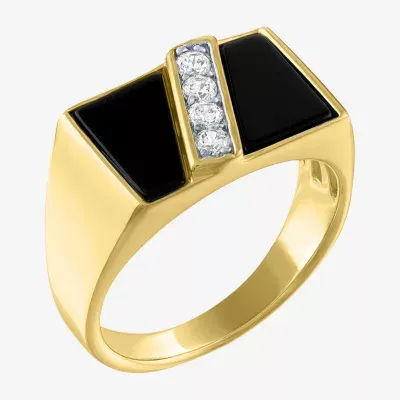 Mens Genuine Onyx 14K Gold Over Silver Rectangular Fashion Ring