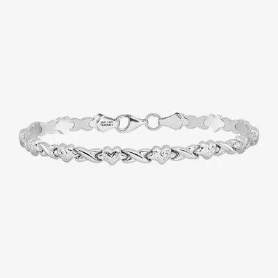 14K White Gold 7 Inch Hollow Link Heart Chain Bracelet