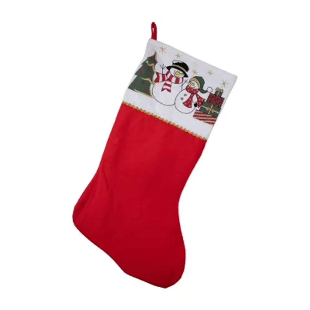 19'' Red and White Glittered Finish Jolly Snowmen Scene Bordered Stocking