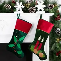 20'' Dark Green and Burgundy Candle and Pine Cone Velveteen Christmas Stocking