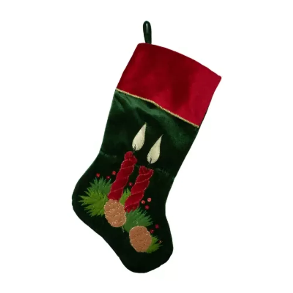 20'' Dark Green and Burgundy Candle and Pine Cone Velveteen Christmas Stocking