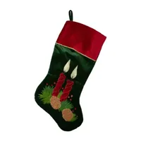 20'' Dark Green and Burgundy Candle and Pine Cone Velveteen Christmas Stocking