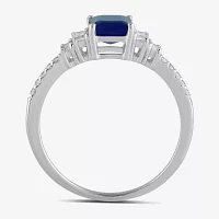Womens 1/5 CT. Lab Created Blue Sapphire Sterling Silver 3-Stone Side Stone Cocktail Ring