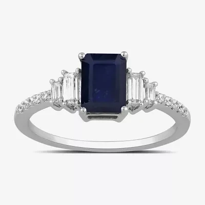 Womens 1/5 CT. Lab Created Blue Sapphire Sterling Silver 3-Stone Side Stone Cocktail Ring