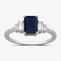 Womens 1/5 CT. Lab Created Blue Sapphire Sterling Silver 3-Stone Side Stone Cocktail Ring