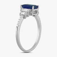 Womens 1/5 CT. Lab Created Blue Sapphire Sterling Silver 3-Stone Side Stone Cocktail Ring