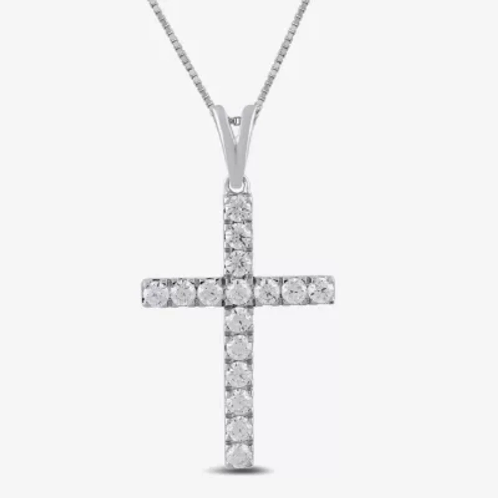 Womens 1/ CT. T.W. Lab Grown White Diamond 10K White Gold Cross 18 Inch Pendant Necklace