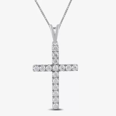 Womens 1/ CT. T.W. Lab Grown White Diamond 10K White Gold Cross 18 Inch Pendant Necklace