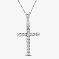 Womens 1/ CT. T.W. Lab Grown White Diamond 10K White Gold Cross 18 Inch Pendant Necklace