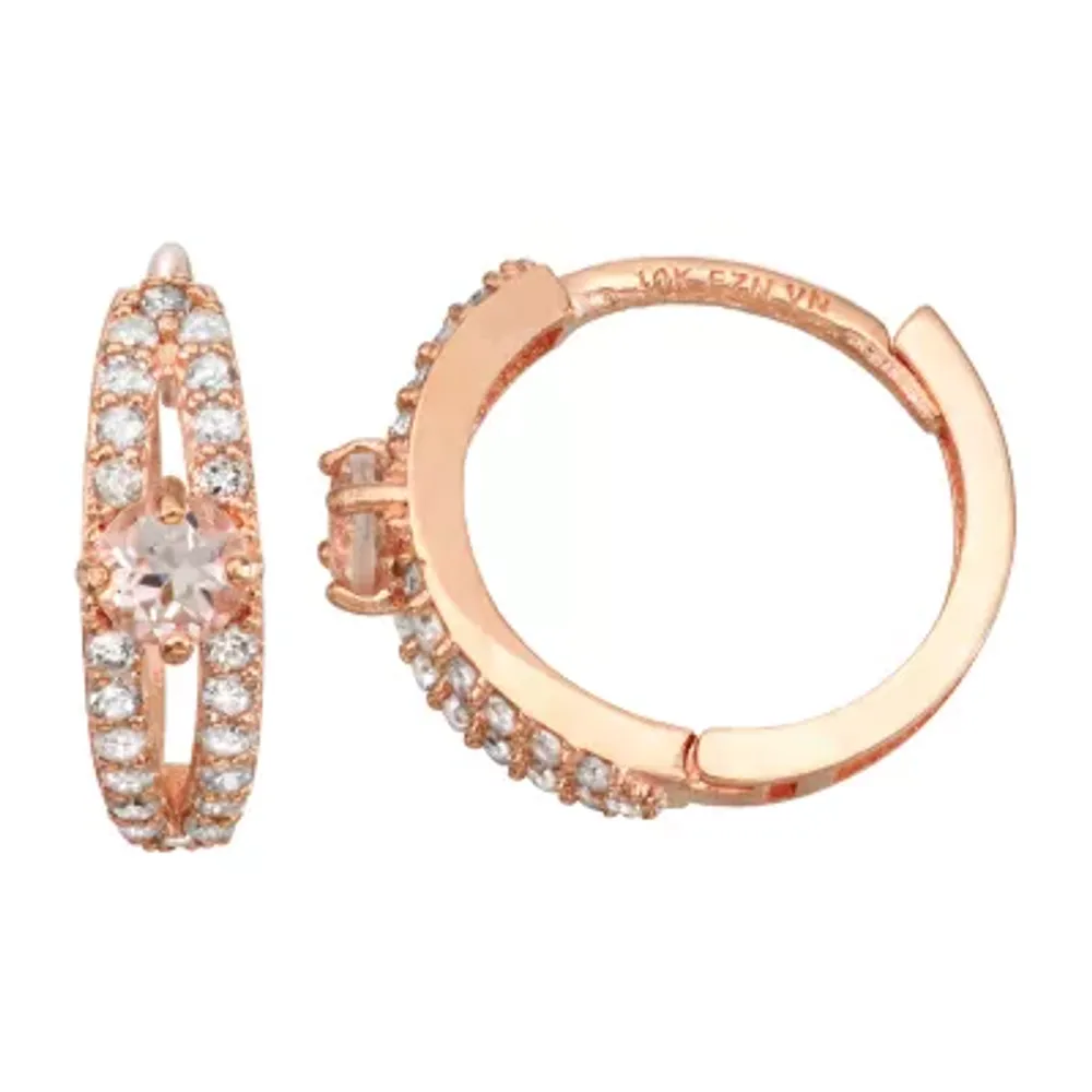 Genuine Pink Morganite & 1/4 CT. T.W. Genuine White Diamond 10K Gold 12.5mm Hoop Earrings