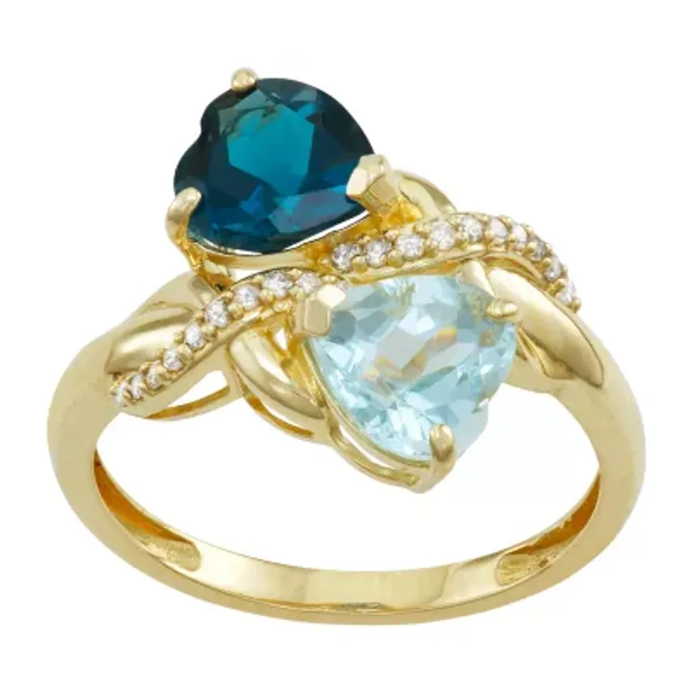 Womens Genuine Blue Aquamarine & 1/10 CT. T.W. White Diamond 10K Gold Heart Cocktail Ring