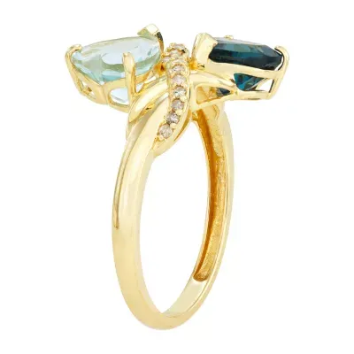 Womens Genuine Blue Aquamarine & 1/10 CT. T.W. White Diamond 10K Gold Heart Cocktail Ring