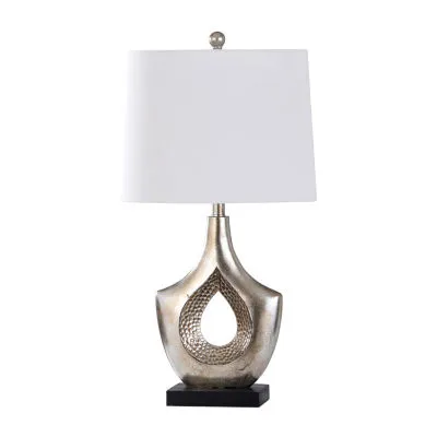 Stylecraft Contemporary Moulded Hammered Hollow Center And Black Base Silver Finish Polyresin Table Lamp