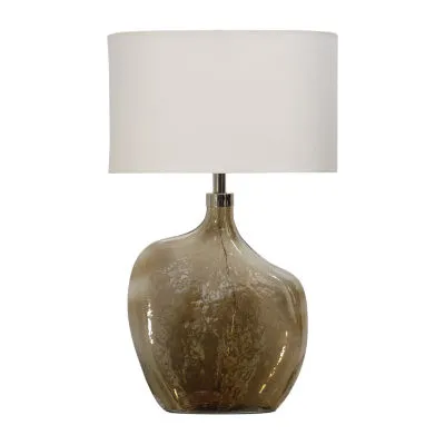 Stylecraft Amber Art Round Linen Drum Shade And Chrome Details Amber Finish Glass Table Lamp