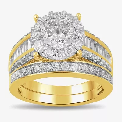 (G / Si2) Womens 3 CT. T.W. Lab Grown White Diamond 10K Gold Round Side Stone Wedding Bridal Set