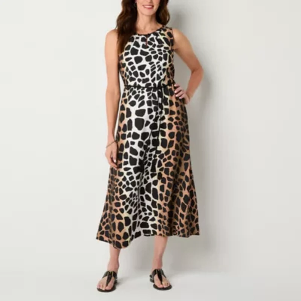Liz Claiborne Womens Sleeveless Animal Midi A-Line Dress Tall