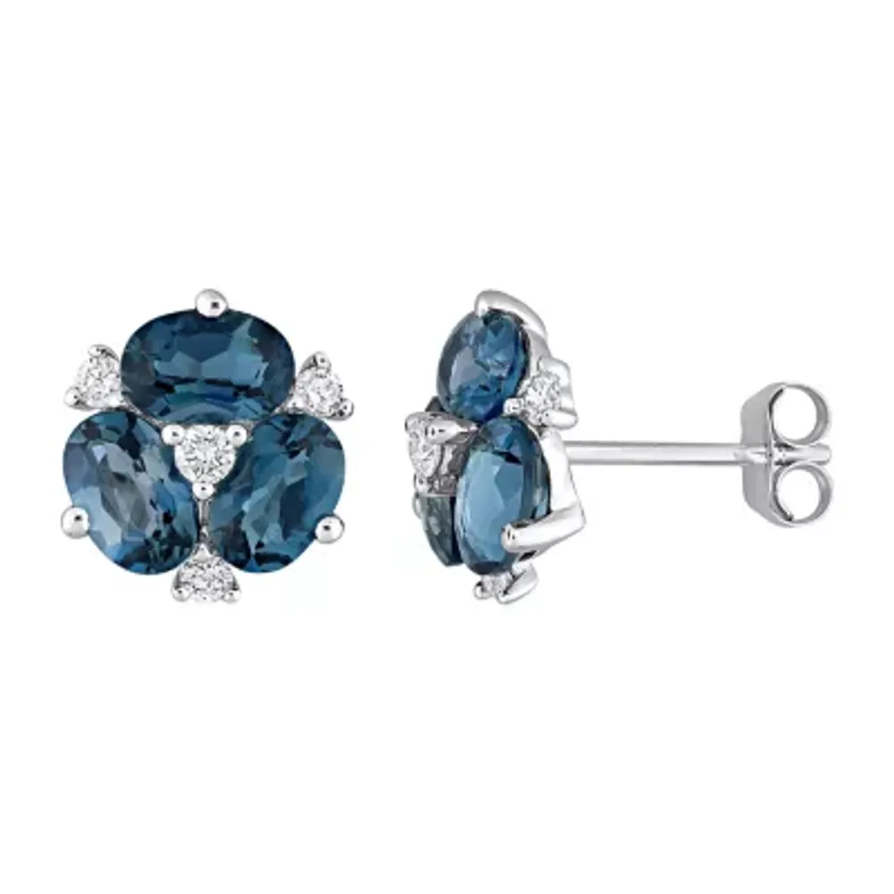 Genuine London Blue Topaz 14K White Gold Flower Stud Earrings