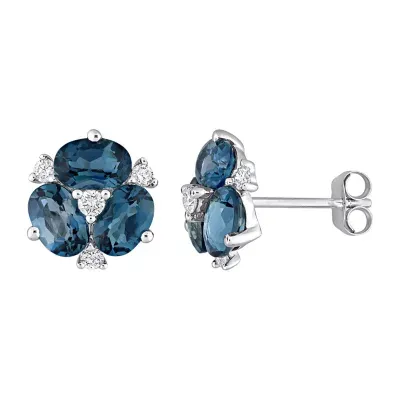 Genuine London Blue Topaz 14K White Gold Flower Stud Earrings