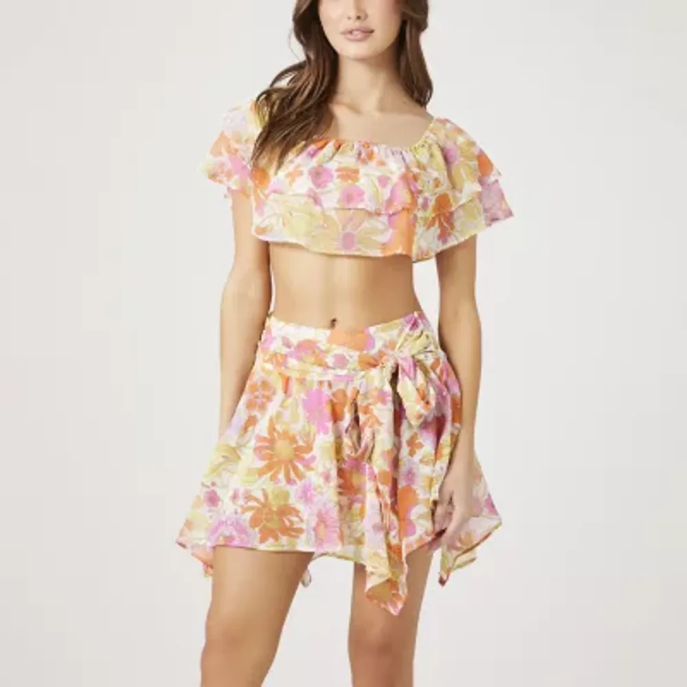Forever 21 Printed Floral Cinched Tie Womens Mid Rise Pleated Skirt Juniors