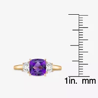 Womens Genuine Purple Amethyst 18K Gold Over Silver Cushion 3-Stone Cocktail Ring