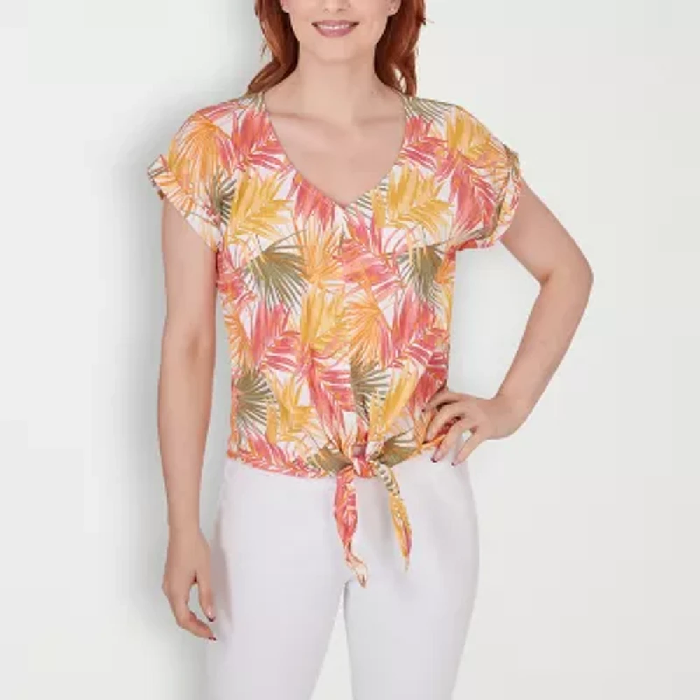 Hearts Of Palm Plus Womens V Neck Short Sleeve Blouse