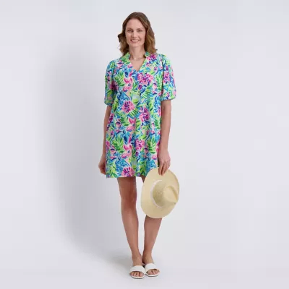 Stella Parker Womens Elbow Sleeve Leaf Shift Dress