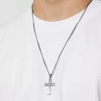 Mens Diamond-Accent Stainless Steel Cross Pendant Necklace