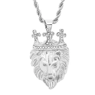 Steeltime Lion Mens Cubic Zirconia Stainless Steel Cross Crown Pendant Necklace