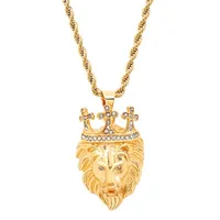 Steeltime Lion Mens Cubic Zirconia 18K Gold Over Stainless Steel Cross Crown Pendant Necklace