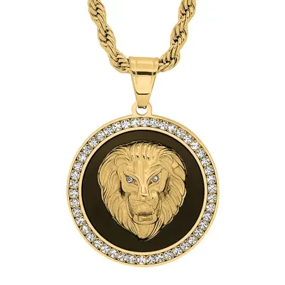 Steeltime Lion Mens Cubic Zirconia 18K Gold Over Stainless Steel Round Hypoallergenic Inch Pendant Necklace