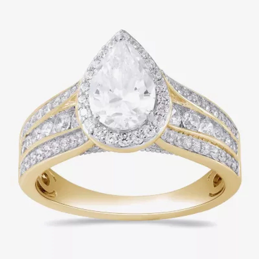 (G / I1) Womens 2 CT. T.W. Lab Grown White Diamond 10K Gold Pear Side Stone Halo Engagement Ring