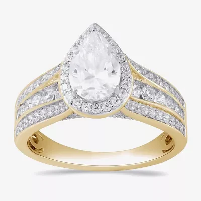 (G / I1) Womens 2 CT. T.W. Lab Grown White Diamond 10K Gold Pear Side Stone Halo Engagement Ring