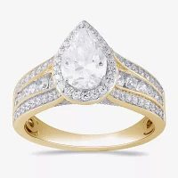 (G / I1) Womens 2 CT. T.W. Lab Grown White Diamond 10K Gold Pear Side Stone Halo Engagement Ring