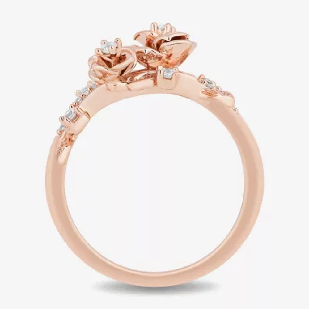 Enchanted Disney Fine Jewelry Womens 1/6 CT. T.W. Natural White Diamond 14K Rose Gold Over Silver Flower Beauty and the Beast Belle Cocktail Ring