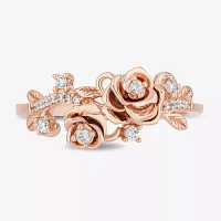 Enchanted Disney Fine Jewelry Womens 1/6 CT. T.W. Natural White Diamond 14K Rose Gold Over Silver Flower Beauty and the Beast Belle Cocktail Ring