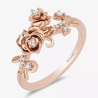 Enchanted Disney Fine Jewelry Womens 1/6 CT. T.W. Natural White Diamond 14K Rose Gold Over Silver Flower Beauty and the Beast Belle Cocktail Ring