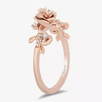 Enchanted Disney Fine Jewelry Womens 1/6 CT. T.W. Natural White Diamond 14K Rose Gold Over Silver Flower Beauty and the Beast Belle Cocktail Ring