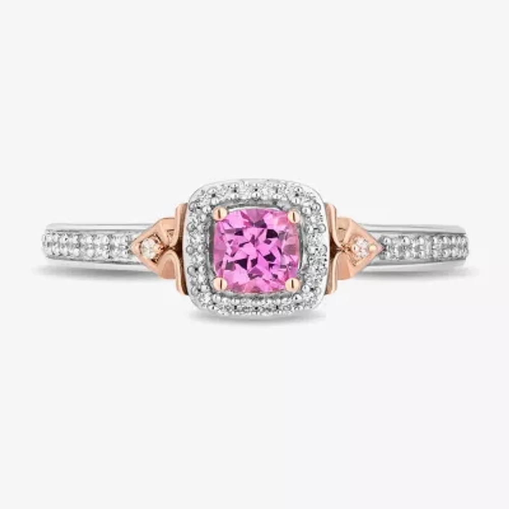 Enchanted Disney Fine Jewelry Womens 1/6 CT. T.W. Lab Created Pink Sapphire 14K Rose Gold Over Silver Cushion Auroroa Sleeping Beauty Cocktail Ring