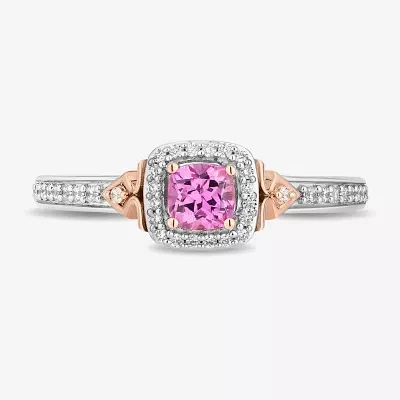 Enchanted Disney Fine Jewelry Womens 1/6 CT. T.W. Lab Created Pink Sapphire 14K Rose Gold Over Silver Cushion Auroroa Sleeping Beauty Cocktail Ring