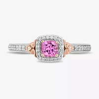 Enchanted Disney Fine Jewelry Womens 1/6 CT. T.W. Lab Created Pink Sapphire 14K Rose Gold Over Silver Cushion Auroroa Sleeping Beauty Cocktail Ring