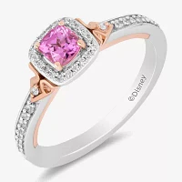 Enchanted Disney Fine Jewelry Womens 1/6 CT. T.W. Lab Created Pink Sapphire 14K Rose Gold Over Silver Cushion Auroroa Sleeping Beauty Cocktail Ring