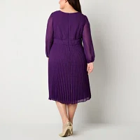 Danny & Nicole Womens Long Sleeve Midi Fit + Flare Dress Plus